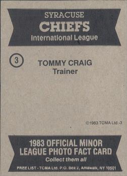 1983 TCMA Syracuse Chiefs #3 Tommy Craig Back