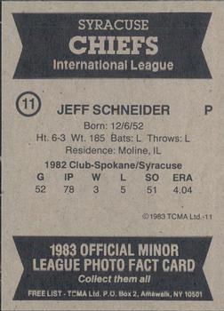 1983 TCMA Syracuse Chiefs #11 Jeff Schneider Back