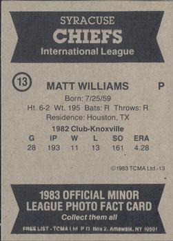 1983 TCMA Syracuse Chiefs #13 Matt Williams Back