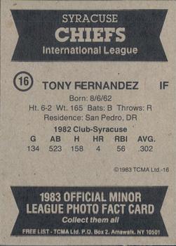 1983 TCMA Syracuse Chiefs #16 Tony Fernandez Back