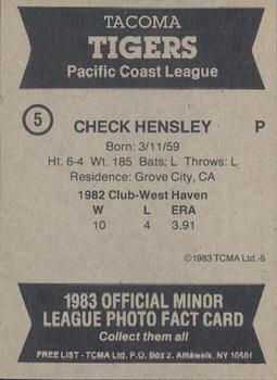 1983 TCMA Tacoma Tigers #5 Chuck Hensley Back