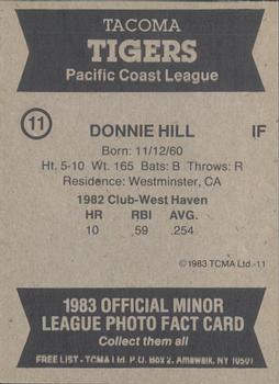 1983 TCMA Tacoma Tigers #11 Donnie Hill Back