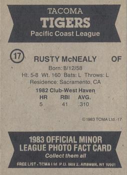 1983 TCMA Tacoma Tigers #17 Rusty McNealy Back