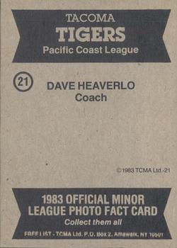 1983 TCMA Tacoma Tigers #21 Dave Heaverlo Back