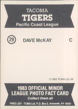 1983 TCMA Tacoma Tigers #29b Dave McKay Back