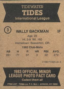 1983 TCMA Tidewater Tides #3 Wally Backman Back