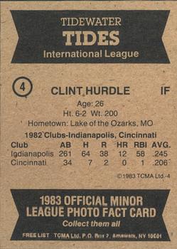 1983 TCMA Tidewater Tides #4 Clint Hurdle Back