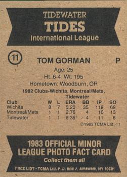 1983 TCMA Tidewater Tides #11 Tom Gorman Back