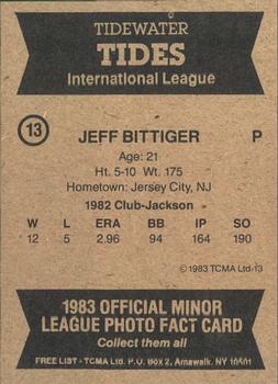 1983 TCMA Tidewater Tides #13 Jeff Bittiger Back