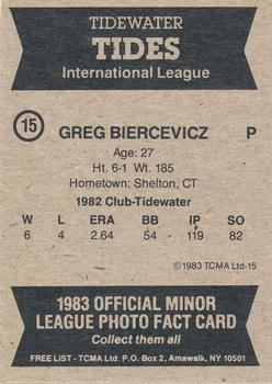 1983 TCMA Tidewater Tides #15 Greg Biercevicz Back