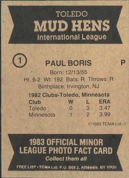1983 TCMA Toledo Mud Hens #1 Paul Boris Back