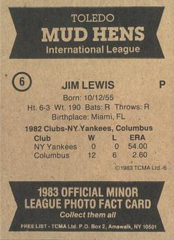 1983 TCMA Toledo Mud Hens #6 Jim Lewis Back