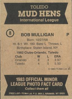 1983 TCMA Toledo Mud Hens #8 Bob Mulligan Back