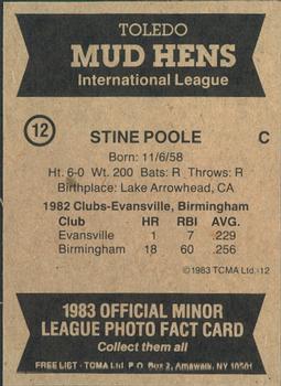 1983 TCMA Toledo Mud Hens #12 Stine Poole Back