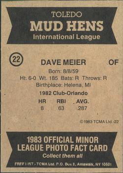 1983 TCMA Toledo Mud Hens #22 Dave Meier Back