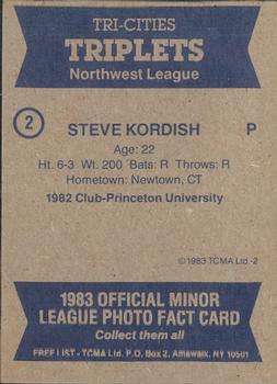 1983 TCMA Tri-Cities Triplets #2 Steve Kordish Back