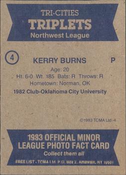 1983 TCMA Tri-Cities Triplets #4 Kerry Burns Back