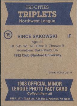 1983 TCMA Tri-Cities Triplets #19 Vince Sakowski Back
