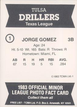 1983 TCMA Tulsa Drillers #1 Jorge Gomez Back
