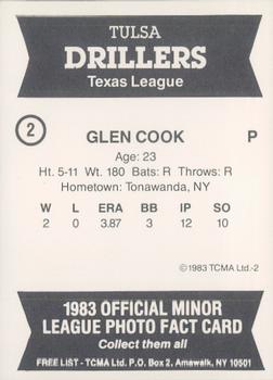 1983 TCMA Tulsa Drillers #2 Glen Cook Back