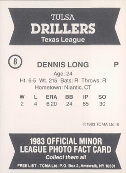 1983 TCMA Tulsa Drillers #8 Dennis Long Back