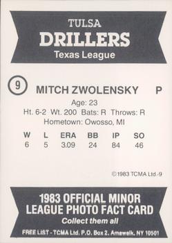 1983 TCMA Tulsa Drillers #9 Mitch Zwolensky Back