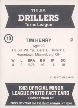 1983 TCMA Tulsa Drillers #10 Tim Henry Back