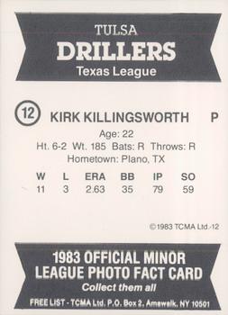 1983 TCMA Tulsa Drillers #12 Kirk Killingsworth Back