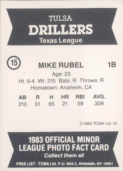 1983 TCMA Tulsa Drillers #15 Mike Rubel Back