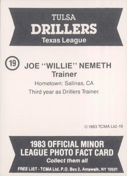 1983 TCMA Tulsa Drillers #19 Joe Nemeth Back