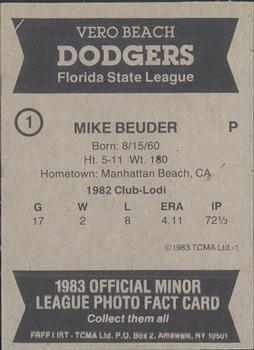 1983 TCMA Vero Beach Dodgers #1 Mike Beuder Back