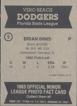 1983 TCMA Vero Beach Dodgers #5 Brian Innis Back