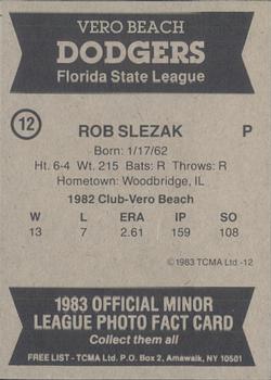 1983 TCMA Vero Beach Dodgers #12 Rob Slezak Back