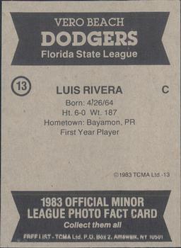 1983 TCMA Vero Beach Dodgers #13 Luis Rivera Back