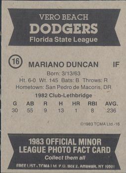 1983 TCMA Vero Beach Dodgers #16 Mariano Duncan Back
