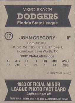 1983 TCMA Vero Beach Dodgers #17 John Gregory Back