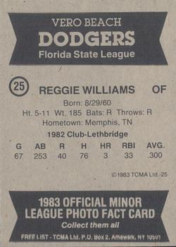 1983 TCMA Vero Beach Dodgers #25 Reggie Williams Back