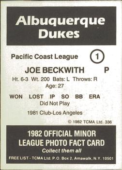 1982 TCMA Albuquerque Dukes #1 Joe Beckwith Back