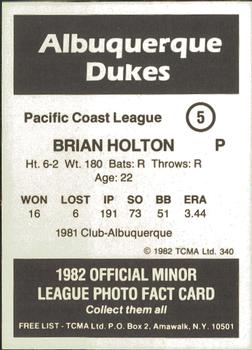 1982 TCMA Albuquerque Dukes #5 Brian Holton Back