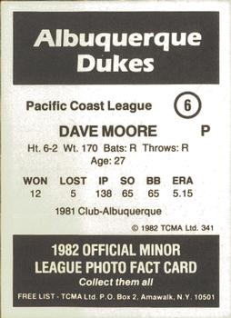 1982 TCMA Albuquerque Dukes #6 Dave Moore Back