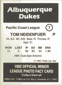 1982 TCMA Albuquerque Dukes #7 Tom Niedenfuer Back