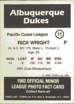 1982 TCMA Albuquerque Dukes #11 Rick Wright Back