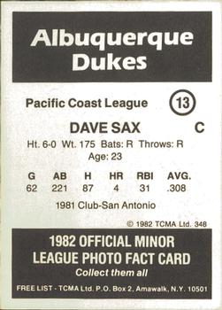 1982 TCMA Albuquerque Dukes #13 Dave Sax Back