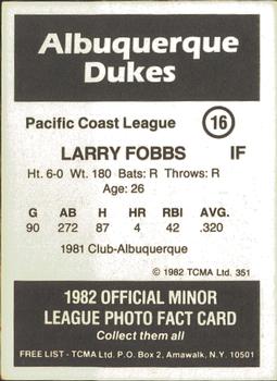 1982 TCMA Albuquerque Dukes #16 Larry Fobbs Back