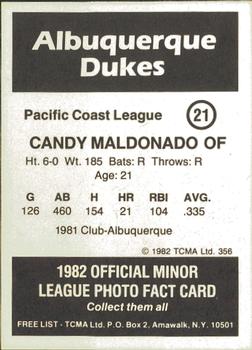 1982 TCMA Albuquerque Dukes #21 Candy Maldonado Back