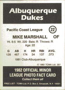 1982 TCMA Albuquerque Dukes #22 Mike Marshall Back