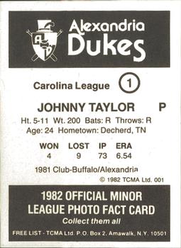 1982 TCMA Alexandria Dukes #1 Johnny Taylor Back