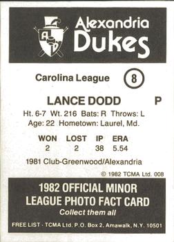1982 TCMA Alexandria Dukes #8 Lance Dodd Back