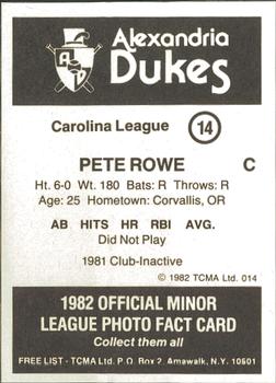 1982 TCMA Alexandria Dukes #14 Pete Rowe Back
