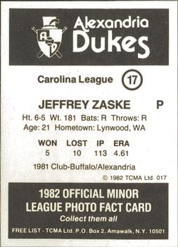 1982 TCMA Alexandria Dukes #17 Jeffrey Zaske Back